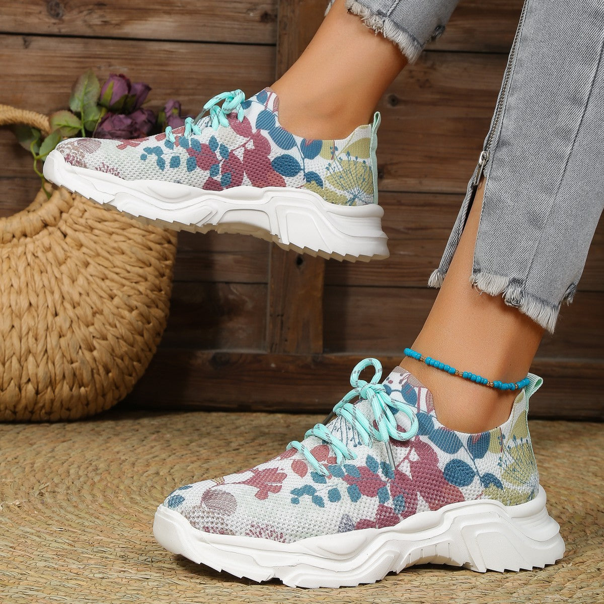 Flyknit Casual New Running 3D Printed Flowers Slip-on Light Running Shoes