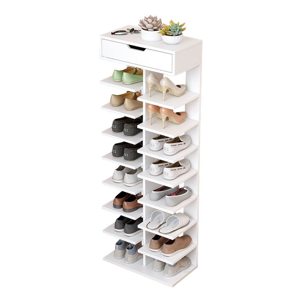 9 Tiers Wooden Shoe Rack, Vertical Slim Shoe Storage Rack Organizer Shoe Stand Shelf, Free Standing Storage Shoe Cupboard with 1 Big Drawer, Space Saving Narrow Shoes Storage Tower Shoe Holder Organizer Unit for Living Room,