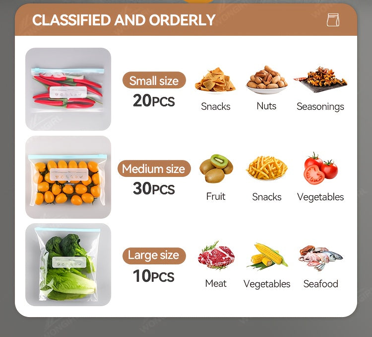 60pcs Reusable Food Storage Bags - 3 Sizes Available, Zipper Sealed & Leak-Proof, Suitable for Fruits, Vegetables, Meat & Grains, Essential for Kitchen Organization