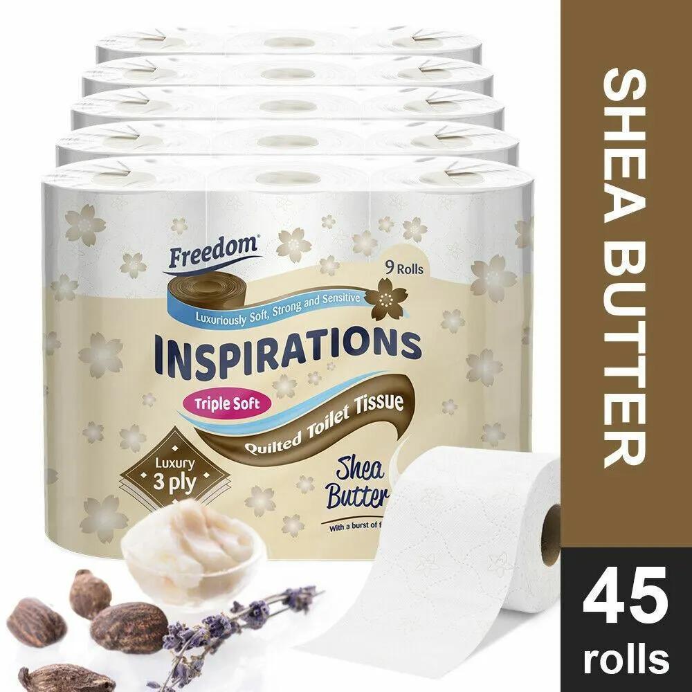 Freedom Inspiration 45 Luxury Toilet Rolls - 3-Ply Shea Butter Fragrance, Hygienic Comfort, Disposable Cleaning Sheets Pack Scented Tissue Wipes