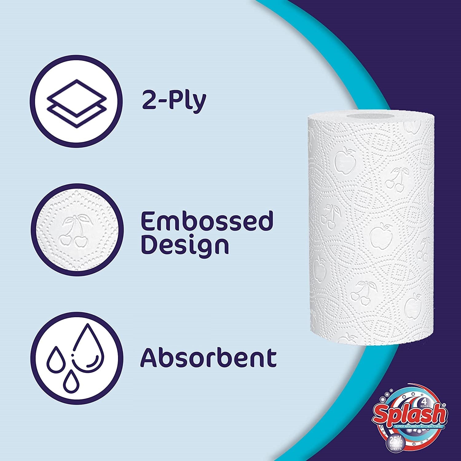 Kitchen Towels. Splash 2-ply Quilted Paper Rolls. Responsibly Sourced. Strong. 10m per Roll