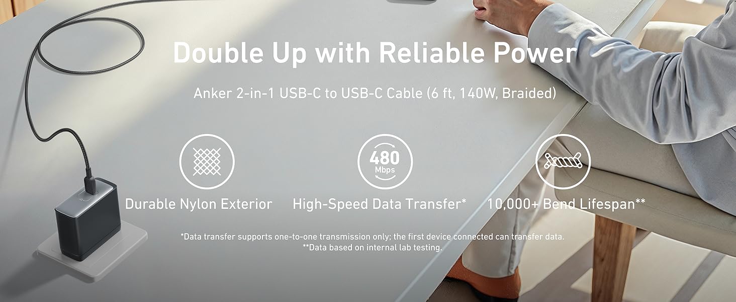 Anker USB C Cable, 6 ft 2-in-1 Type C Cable, 140W Max Fast Charging for iPhone 17/16/15, iPad Pro, Samsung Galaxy, MacBook Pro, and More USB 2.0, Braided, Black