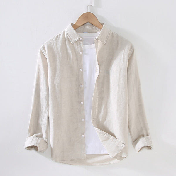 Spring And Summer Men's Linen White Long-sleeved Shirt