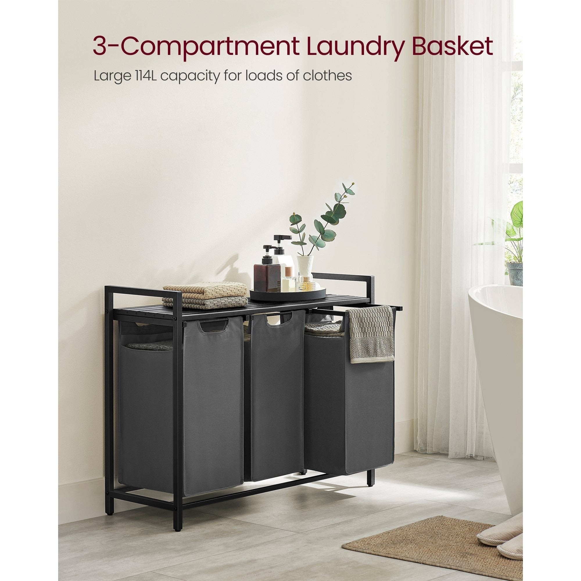 Laundry Basket, 3-Compartment Laundry Hamper, Freestanding Clothes Hamper, Laundry Bag Stands Up Well, Removable Laundry Bags, Laundry Sorter, Shelf, Metal Frame, 3 x 38 L, Black/White/Grey