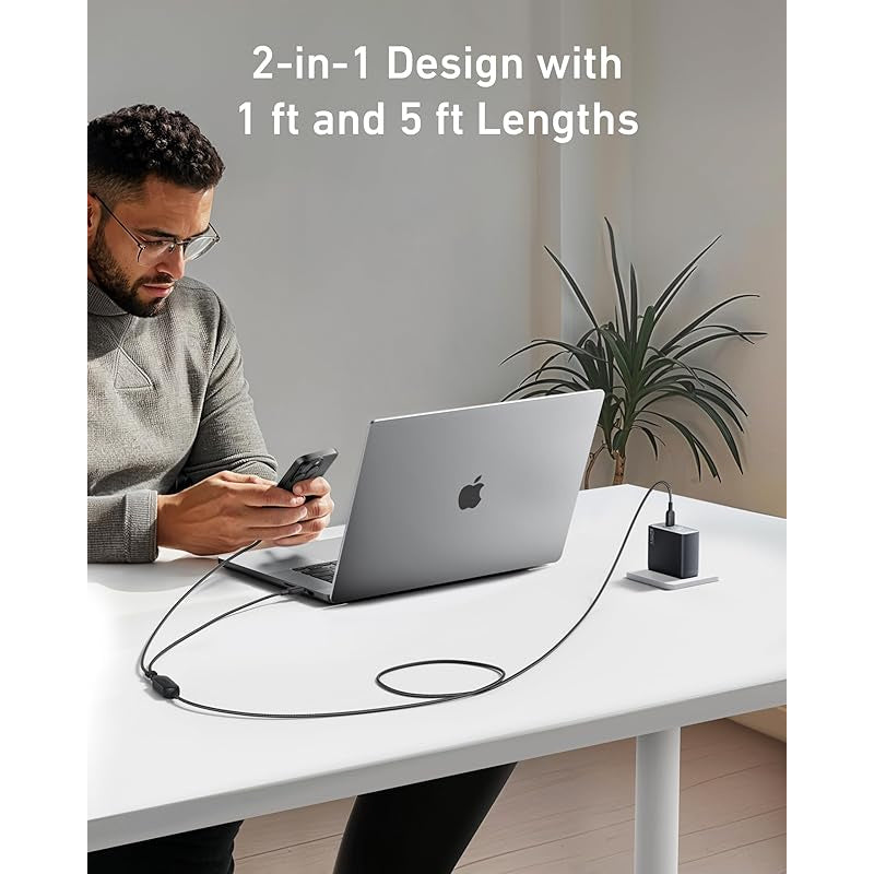 Anker USB C Cable, 6 ft 2-in-1 Type C Cable, 140W Max Fast Charging for iPhone 17/16/15, iPad Pro, Samsung Galaxy, MacBook Pro, and More USB 2.0, Braided, Black
