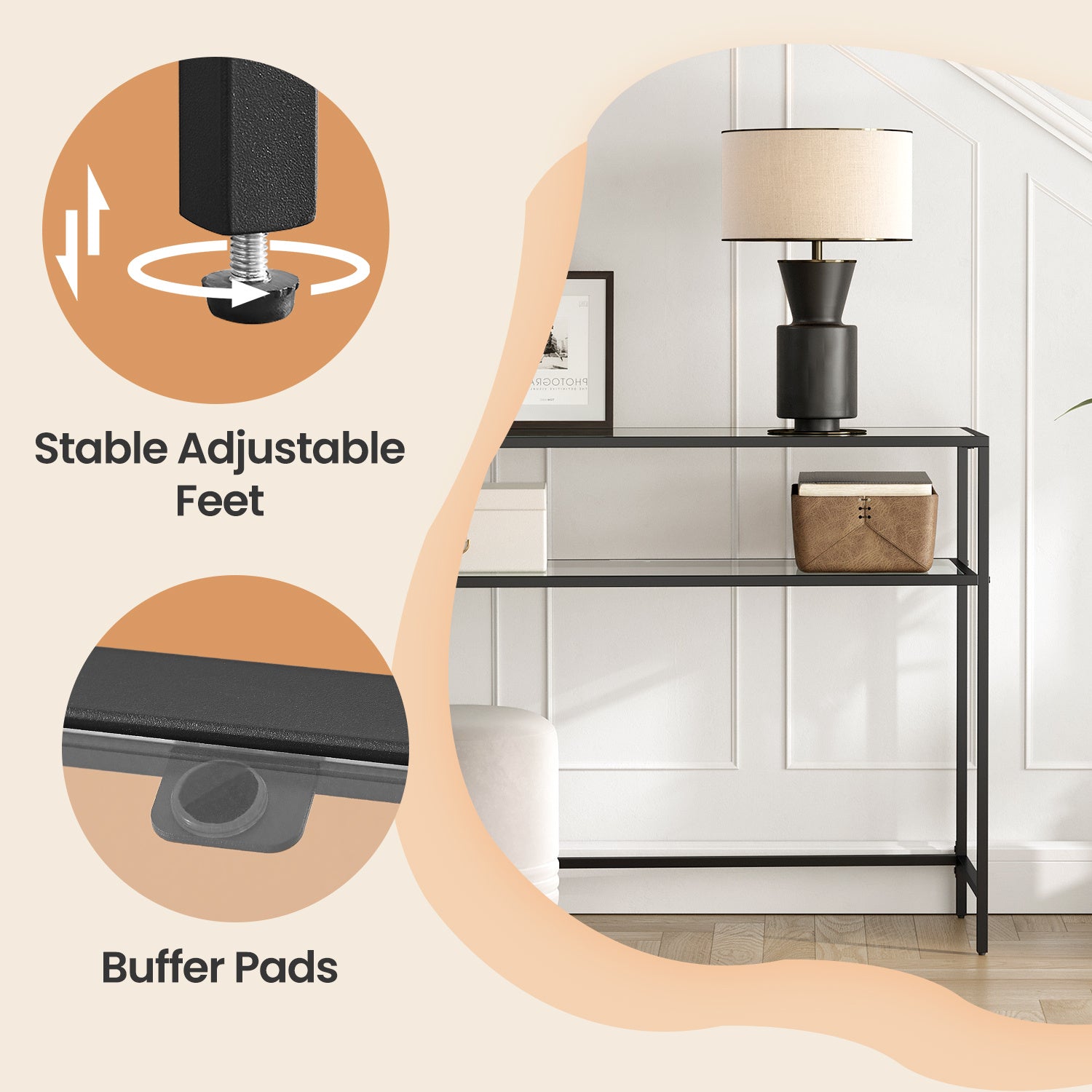 Console Table, Side Table, Tempered Glass Tabletop, Modern Sofa Table, 2 Shelves, for Living Room, Hallway, Space Saving, Vintage Style, Sturdy Construction, Versatile Use, Easy Assembly