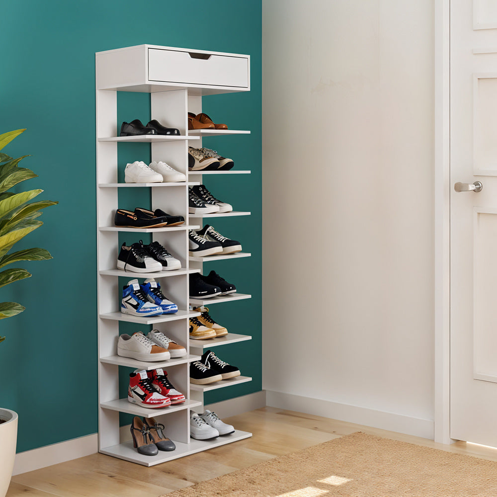 9 Tiers Wooden Shoe Rack, Vertical Slim Shoe Storage Rack Organizer Shoe Stand Shelf, Free Standing Storage Shoe Cupboard with 1 Big Drawer, Space Saving Narrow Shoes Storage Tower Shoe Holder Organizer Unit for Living Room,