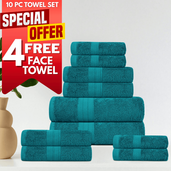 10Pack Towel Sets+2 Washing Gloves & 4 Face Towel Assorted Free Gift - 500 Gsm Bale 100% Cotton Super Absorbent Quick Dry Multiple Colors | Bath Towel 70x135 Cm | Hand Towel 40x 80 Cm | Face Towel 30x30 Cm | Washing Gloves 16
