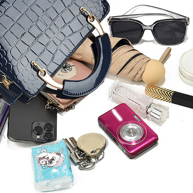 CHROSGEKEIDI Women's Crocodile-Texture Handbag - Glossy Black Alligator-like Shoulder Bag with Golden-Tone Hardware, Adjustable Strap & Zipper Closure, Golden-Tipped - Elegant Purse for, Casual, Formal Events (Luxury)