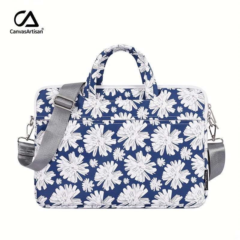 Shockproof Laptop Briefcase with Detachable Strap & Adjustable Shoulder Strap - Floral Print, Zipper Closure, Lining, Casual Style for Daily Commute & Travel