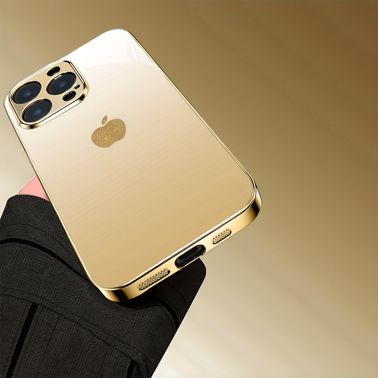 Golden Electroplated iPhone Case with Apple Design – Full-Coverage Frosted Tempered Glass Protection for iPhone 11–18 Series, Dirt-Resistant