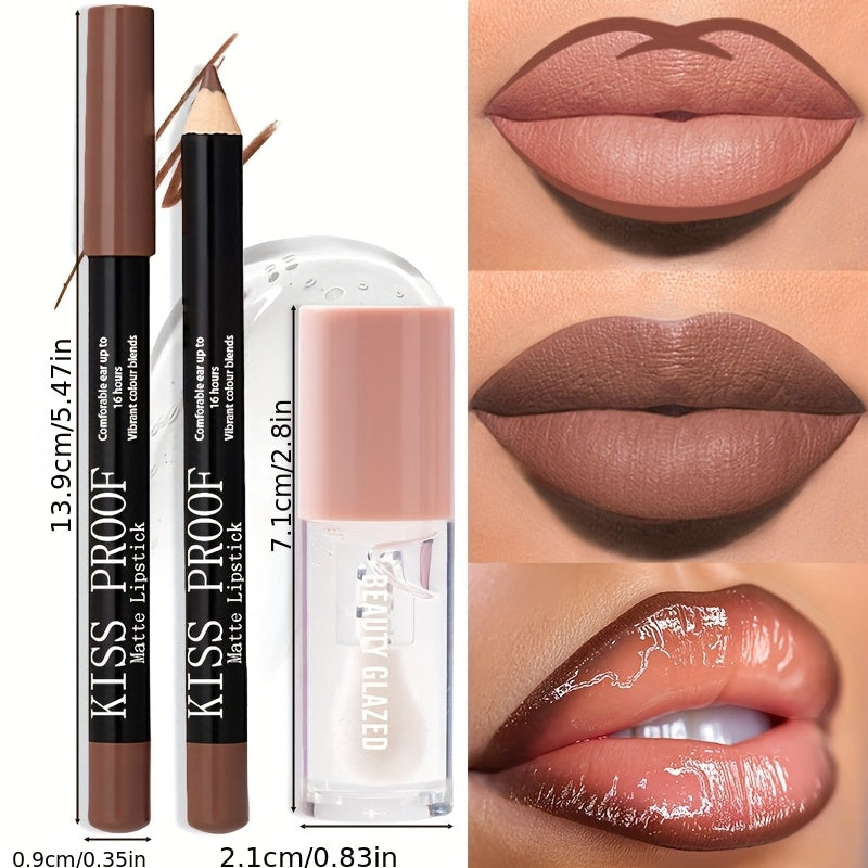 2pack BEAUTY GLAZED Waterproof Lip Liner & Lip Glaze Set - Long-Lasting Matte Lip Makeup Combo, Nude Brown/Pink/Deep Red Shades, Moisturizing Lip Pencil & Glossy-Free Lipstick for All Beige Types, All-Day Wear for Sensitive L