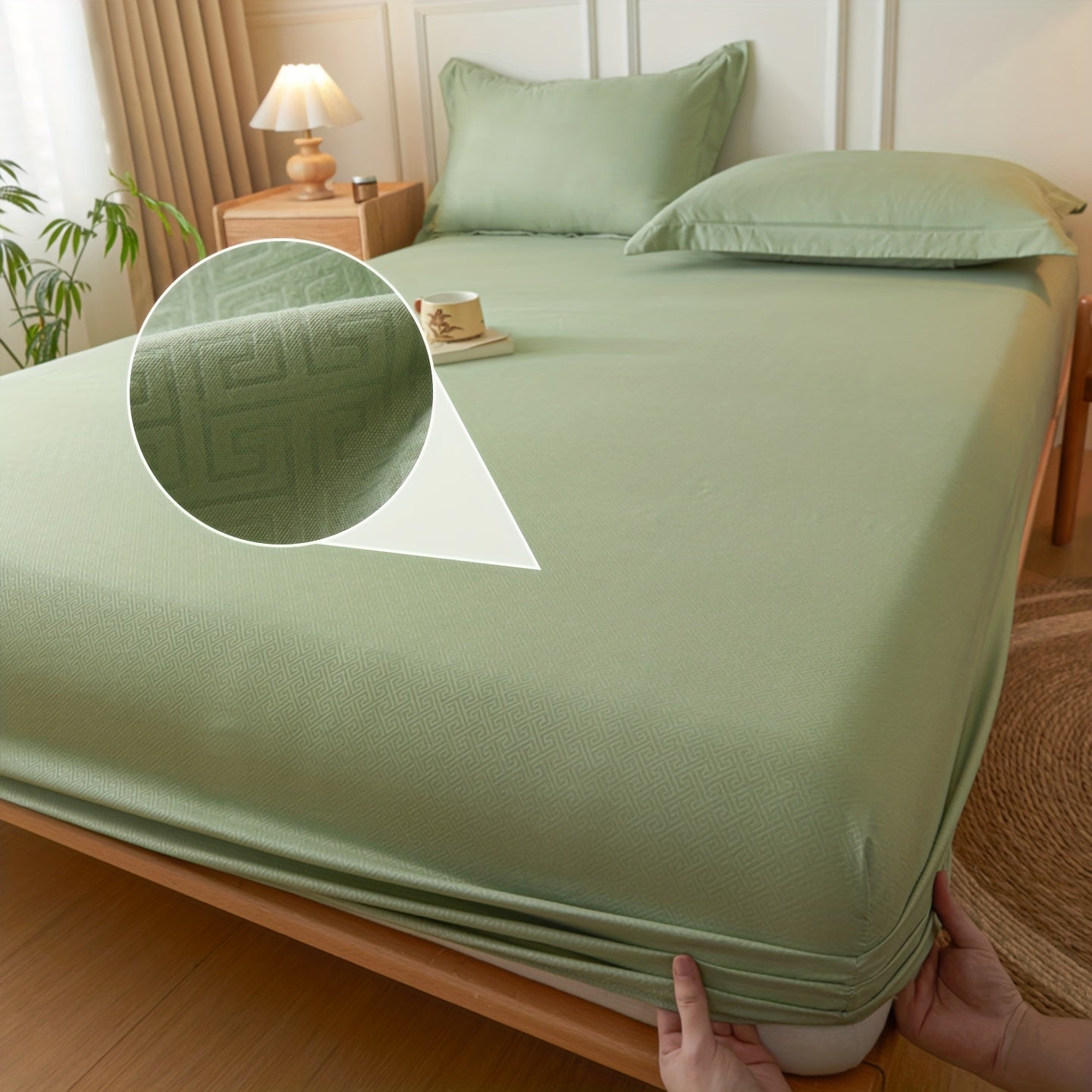 Simple Style Full Wrap Fitted Sheet Mattress Protector Cover, Light Beige-Friendly Comfortable Embossed Design, Non-Slip Fixed Positioning All-Season Machine Washable Without Pillowcase or Cushion