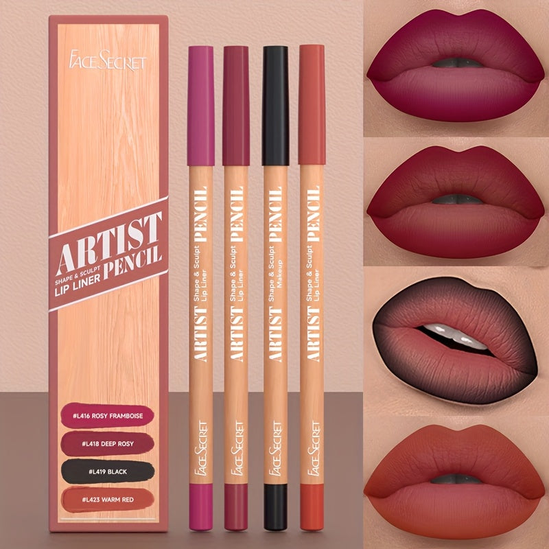 4-Pack Long-Lasting Waterproof & Smudge-Proof Lip Liner Pencils - Creamy Pigmented Matte Lip Defining Pencils with Wax-Based Formula, /Berry/// Shades Suitable for all Light Beige Types (Professional & Everyday Makeup)