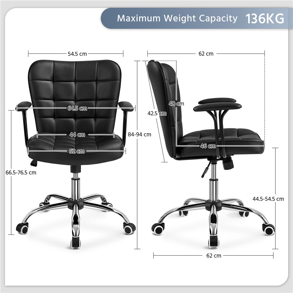 Costoffs Desk Chair, Mid Back PU Leather Office Chair with Padded Arms & Adjustable Seat Height, Modern Faux Leather Swivel Vanity Chair, Upholstered Computer Chair with 360° Swivel Vanity Chair for Home Office Workers, Remo
