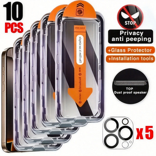 5 Pack Full Cover Privacy Screen Protector + 5 Pack Camera Lens Protector for iPhone 17/16/15/14/13/12/11/16 Pro Max/17 Pro Max/Plus/Mini/17 Air, 9H Tempered Glass Film, Dynamic Island Compatible, Anti-Scratch, Anti-fingerpri