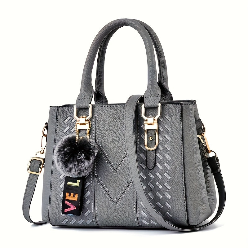 Women's Trendy Handbag with Ball Pendant, Simple Quilted Shoulder Handbag, Ladies' Easter