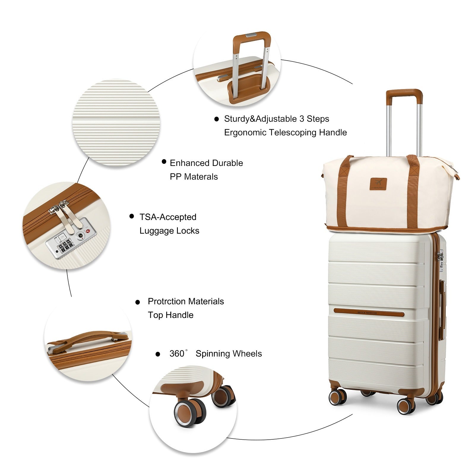 BRITISH TRAVELLER 3pcs Hard Case Suitcase Trolley Set with Multi-Texture, 100% PP Material. Hand Luggage Suitcase Equipped with 4 Smooth-rolling Spinner Wheels, Ideal for Travel. Comes with TSA Lock and Tote Bag, Perfect for