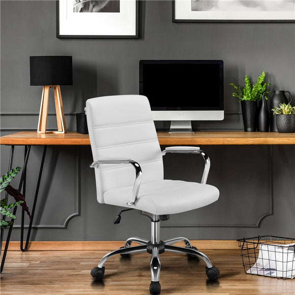 Costoffs Office Chair Mid Back Task Chair 360° Swivel Executive Chair PU Leather Computer Desk Chair with Arms for Home Office Meeting Room Study Game Room Bedroom, Black/White/Pink/Light Gray/Retro Brown
