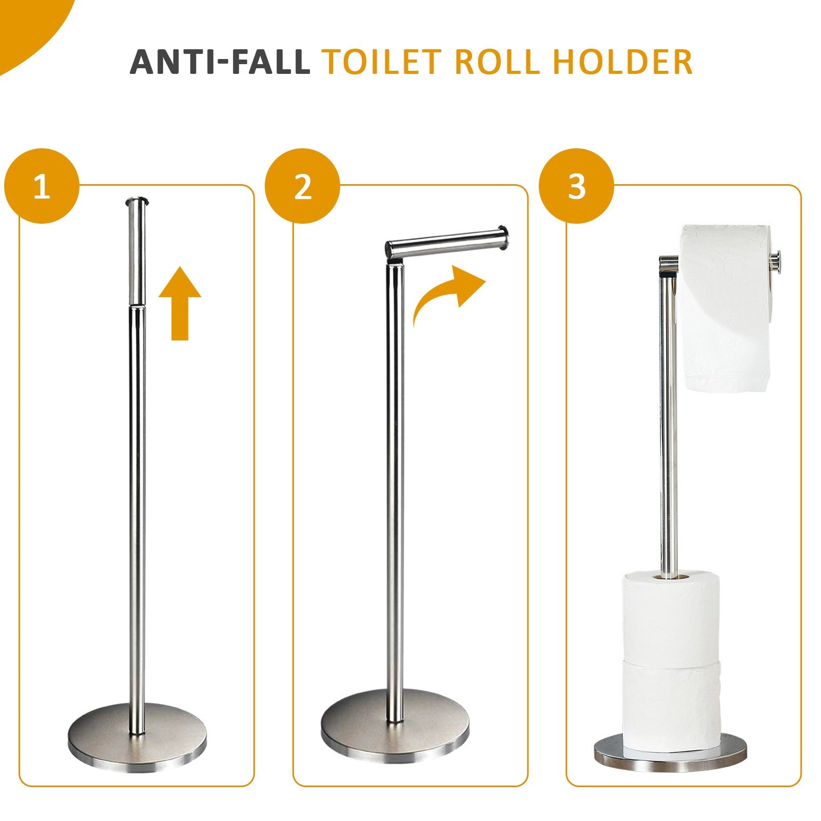 Toilet Roll Holder Free Standing - 2 in 1 Stainless Steel Toilet Paper Holder, Up to 5 Toilet Roll Storage - No Drill Toilet Roll Stand