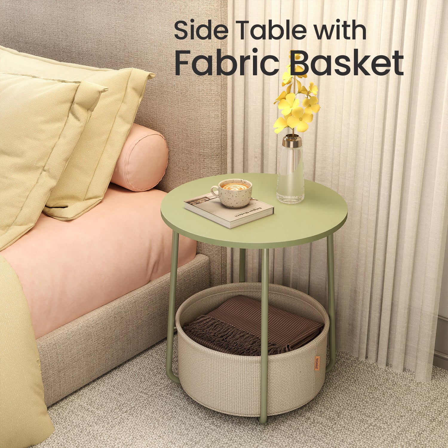 Side Table, Round End Table with Fabric Basket, for Living Room Bedroom, Bedside Table, Modern Style,Cream White,Laurel Green,Jelly Pink,Cement Grey,Ebony Black,Various colors