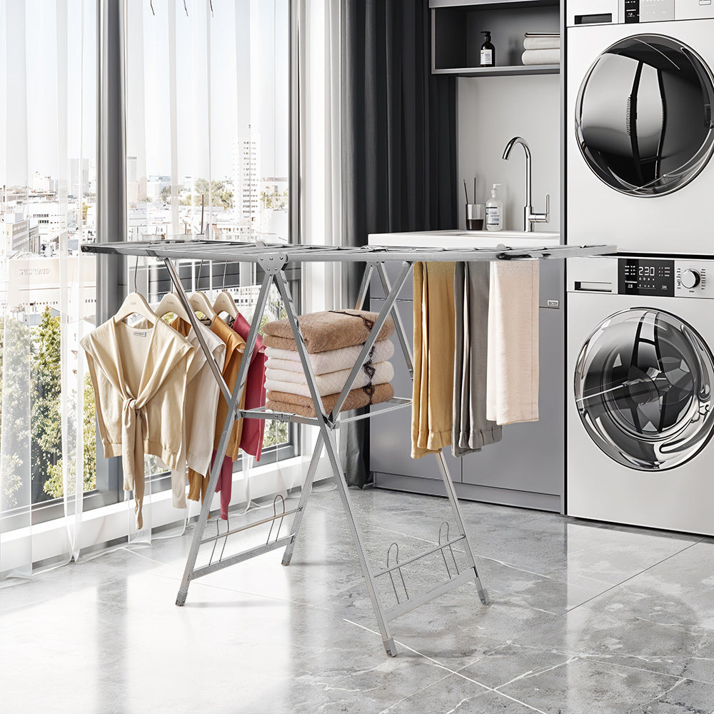 Staiinless Steel Folding Drying Rack, 2-Level Clothes Airer with Height Adjustable Wing, Freestanding Drying Rack for Clothes Socks Towels Shoes Quilts, Multifunctional Air Dryer, Foldable Wing Clothes Drying Rack, No Assembl