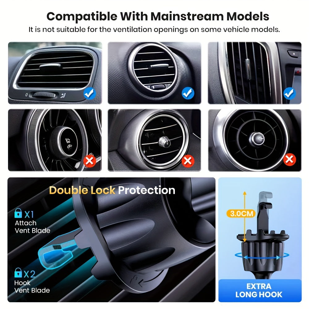 D40-S Heavy-Duty Car Phone Holder Mount with Metal Hook - Compatible with All Cars, Air Vent Installation, Adjustable Grip, Non-Slip Surface
