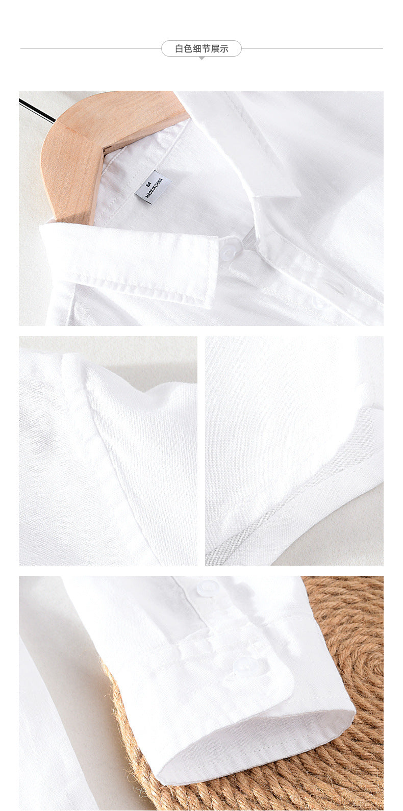 Spring And Summer Men's Linen White Long-sleeved Shirt