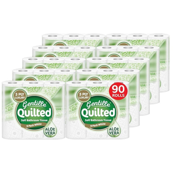 Gentille Quilted Aloe Vera Bathroom Tissue Luxury 3-Ply Toilet Paper Soft & Strong 90 Rolls Made in The UK