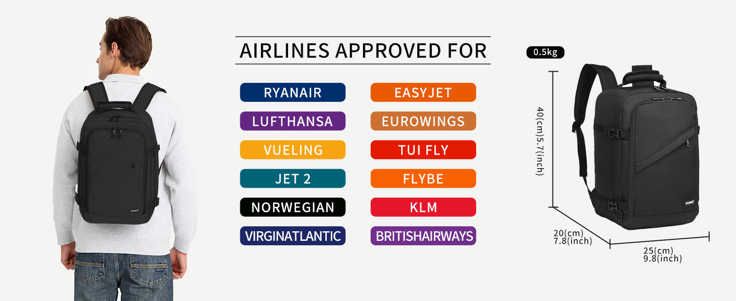 Kono Cabin Bag 40x20x25 for Ryanair Underseat Travel Carry-on Backpack Cabin Size 20L