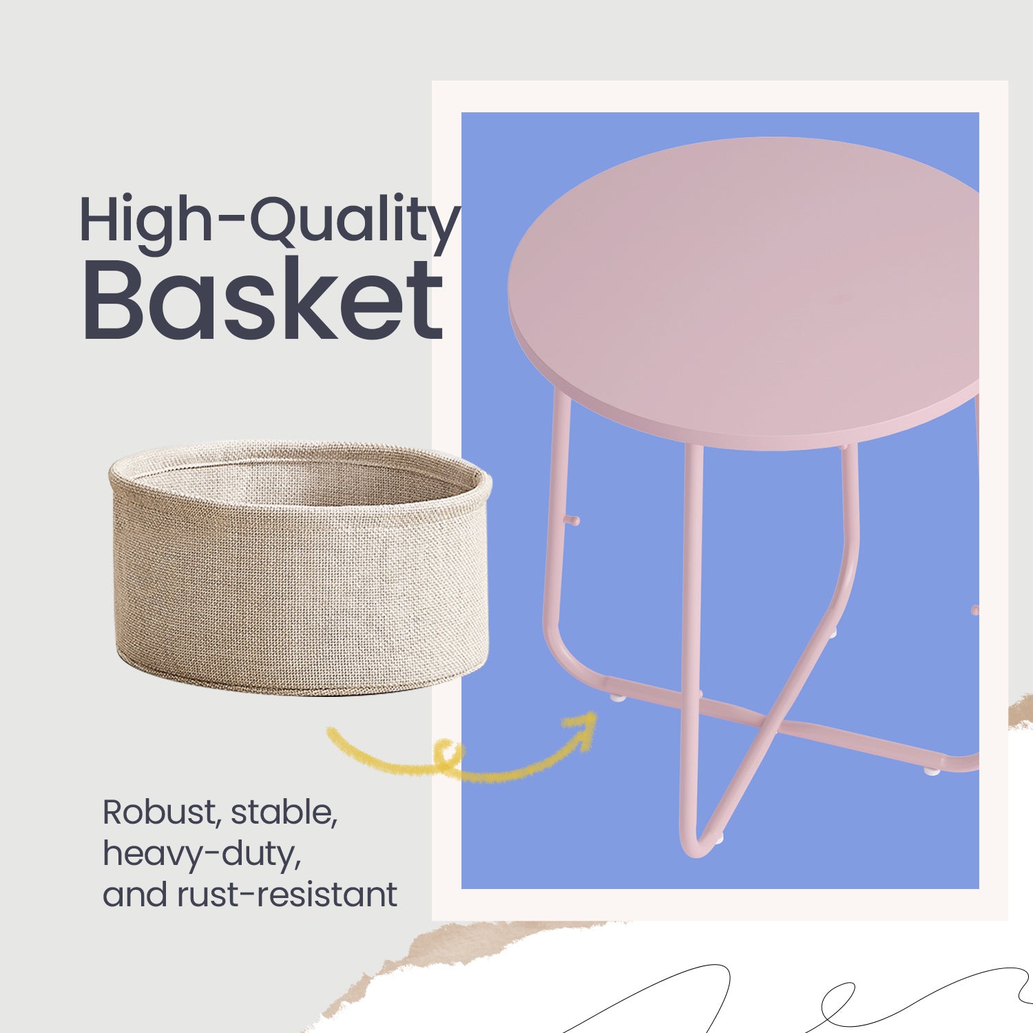 Side Table, Round End Table with Fabric Basket, for Living Room Bedroom, Bedside Table, Modern Style,Cream White,Laurel Green,Jelly Pink,Cement Grey,Ebony Black,Various colors