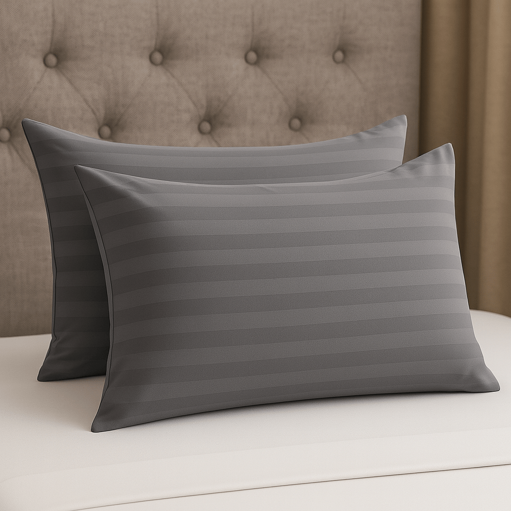 2-Pack Luxury Striped Filled Pillows – Extra Deep Bounce Back Bed Pillows for Back, Side & Stomach Sleepers – Soft, Breathable & Supportive – White or Grey – UK Standard Size