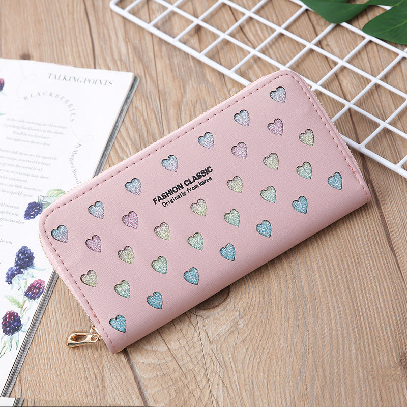 Wallet Long Letter Card Holder Hollow Heart Glittering Powder