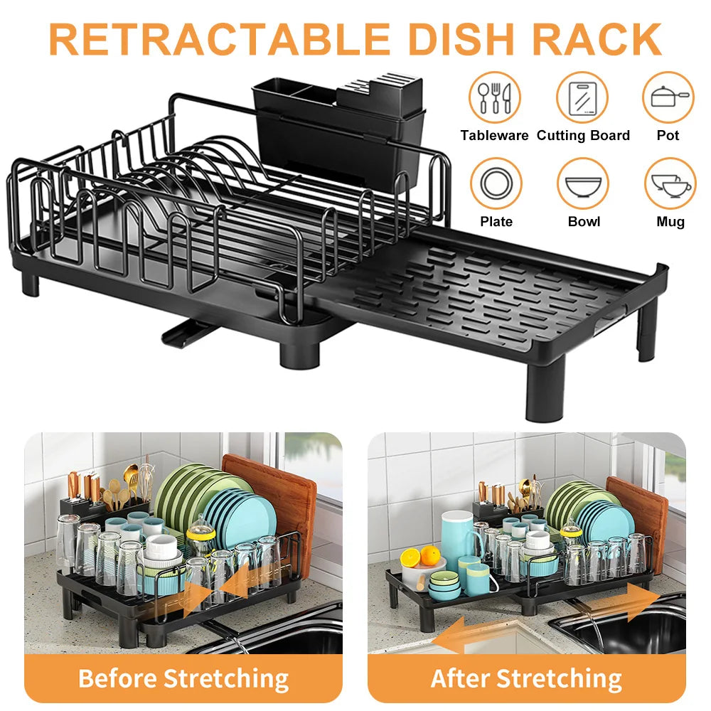 Push-pull Dish Rack Multifunctional Large Capacity Dish Drainer With Cutting Board Cup Holder Space Saving Kitchen