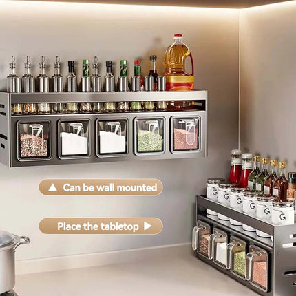 OKEYWOW kitchen spice rack storage organizer mounted on wall, punch-free design, holds spice jars and small kitchen essentials.