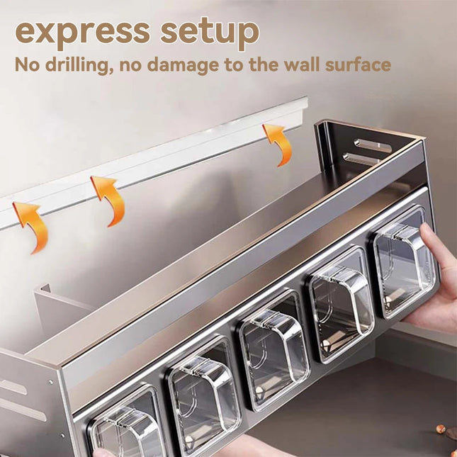 OKEYWOW kitchen spice rack storage organizer mounted on wall for countertop use, with multiple compartments for spices and kitchen essentials.
