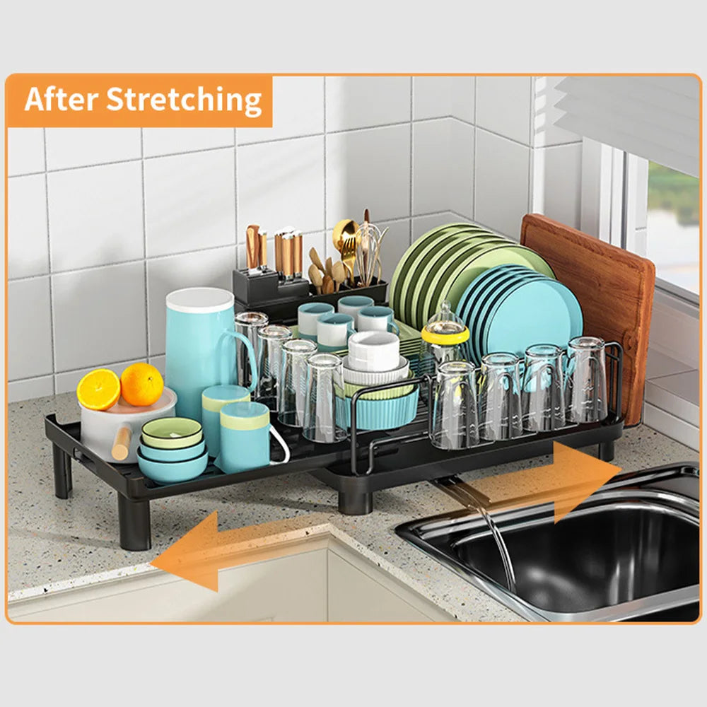 Push-pull Dish Rack Multifunctional Large Capacity Dish Drainer With Cutting Board Cup Holder Space Saving Kitchen