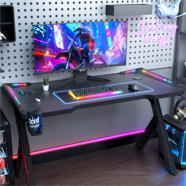 Gaming Desk RGB Lighting Ergonomic Gamer Workstation Ergonomic Carbon Fiber Computer Desk Cup Holder and Headphone Hook