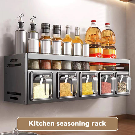 OKEYWOW kitchen spice rack storage organizer mounted on wall, punch-free design for kitchen cabinet and countertop organization.