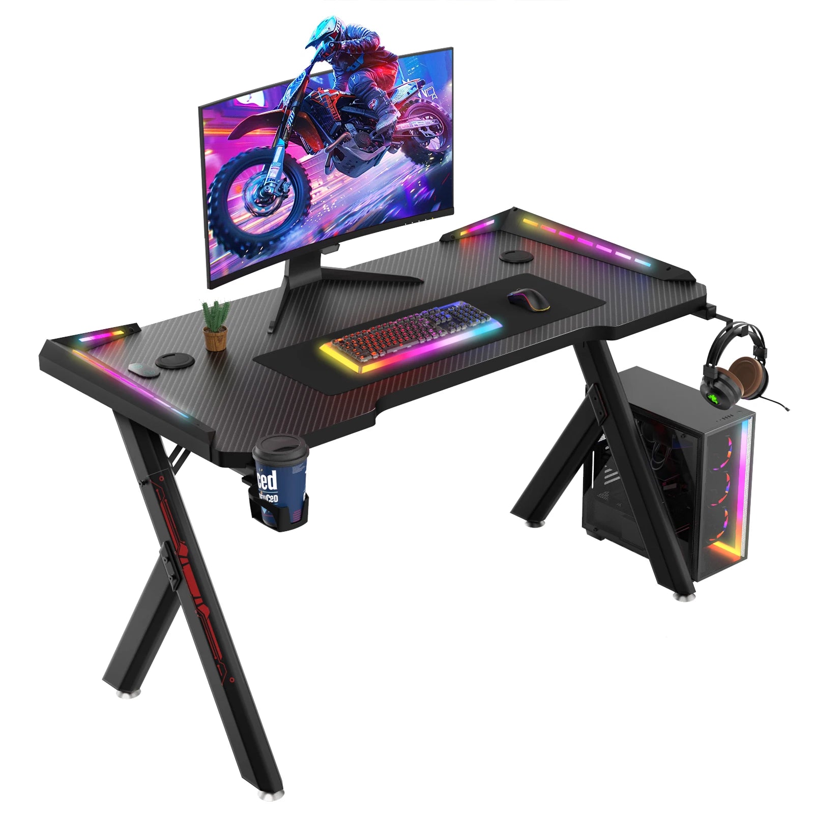 Gaming Desk RGB Lighting Ergonomic Gamer Workstation Ergonomic Carbon Fiber Computer Desk Cup Holder and Headphone Hook