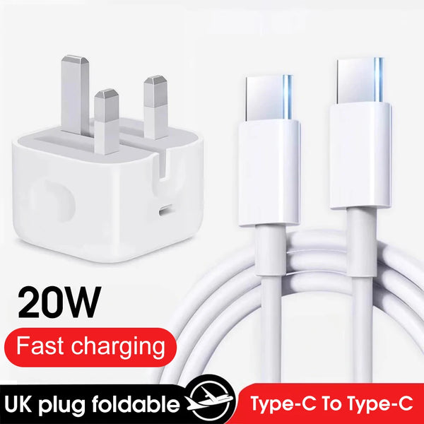 Dual Type-C Fast Charger Cable & PD 20W Foldable UK Adaper For iPhone 15 16 Pro Max and Xiaomi Redmi Android, Phone USB C Data Cord