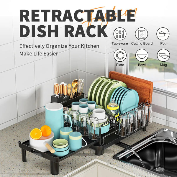 Push-pull Dish Rack Multifunctional Large Capacity Dish Drainer With Cutting Board Cup Holder Space Saving Kitchen