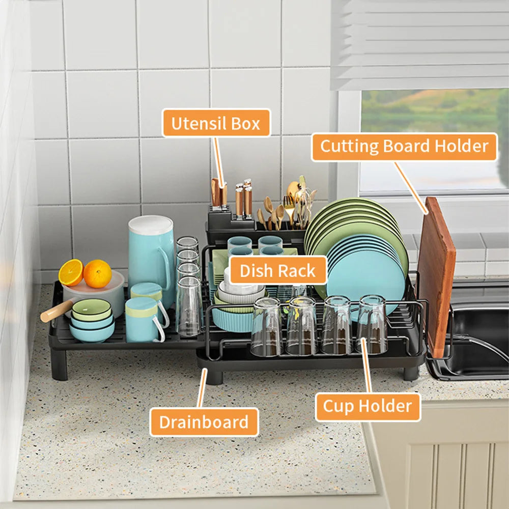 Push-pull Dish Rack Multifunctional Large Capacity Dish Drainer With Cutting Board Cup Holder Space Saving Kitchen