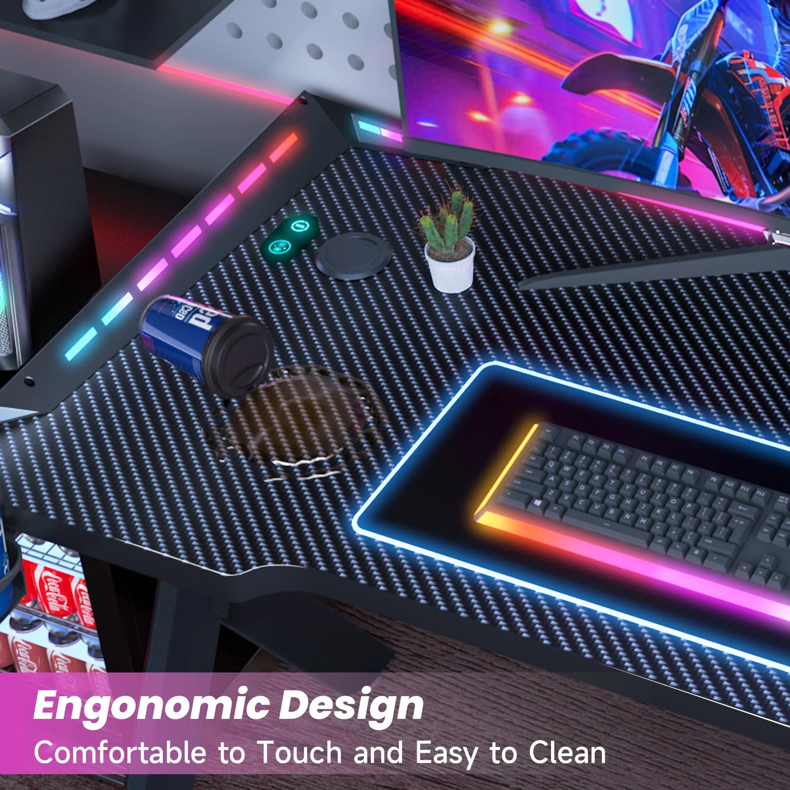 Gaming Desk RGB Lighting Ergonomic Gamer Workstation Ergonomic Carbon Fiber Computer Desk Cup Holder and Headphone Hook