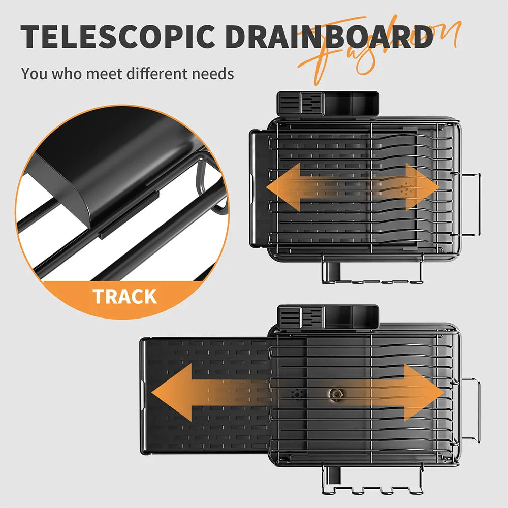 Push-pull Dish Rack Multifunctional Large Capacity Dish Drainer With Cutting Board Cup Holder Space Saving Kitchen