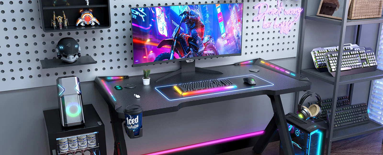 Gaming Desk RGB Lighting Ergonomic Gamer Workstation Ergonomic Carbon Fiber Computer Desk Cup Holder and Headphone Hook