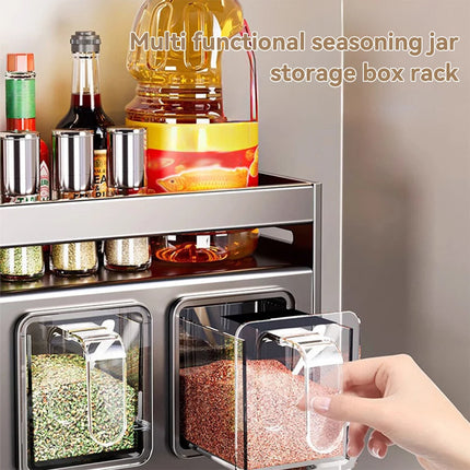 OKEYWOW kitchen spice rack storage organizer mounted on wall, featuring punch-free design and multiple compartments for countertop use.