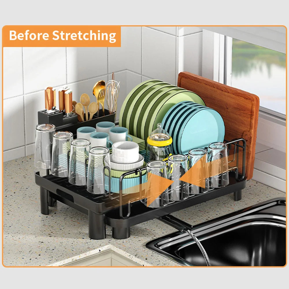 Push-pull Dish Rack Multifunctional Large Capacity Dish Drainer With Cutting Board Cup Holder Space Saving Kitchen
