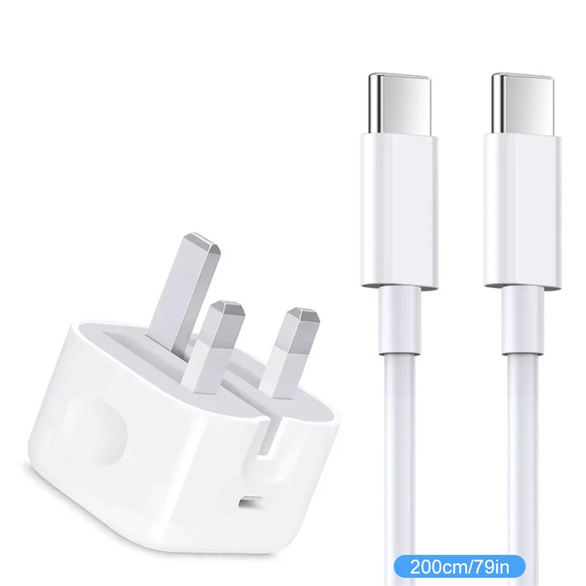 OKEYWOW dual USB-C fast charging cable with foldable UK adapter for iPhone 16/15 Pro Max, Xiaomi, Redmi, and Android devices.