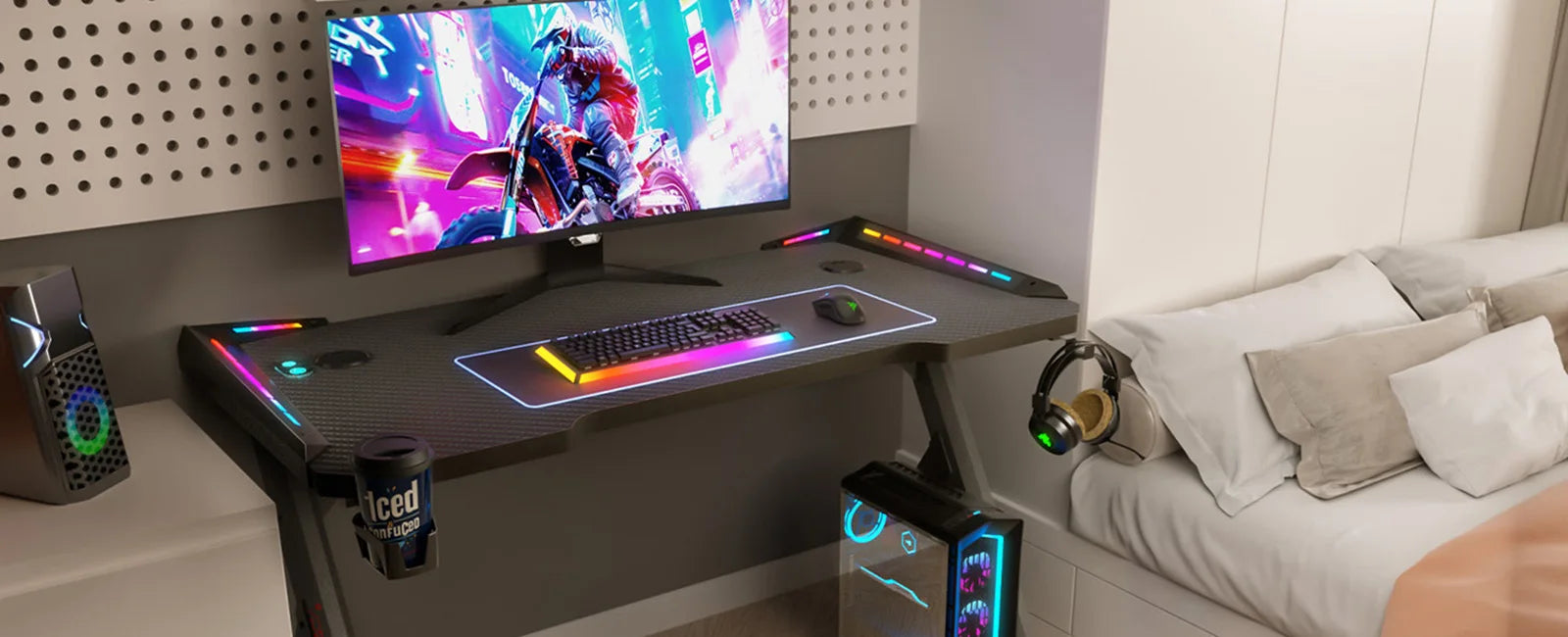 Gaming Desk RGB Lighting Ergonomic Gamer Workstation Ergonomic Carbon Fiber Computer Desk Cup Holder and Headphone Hook